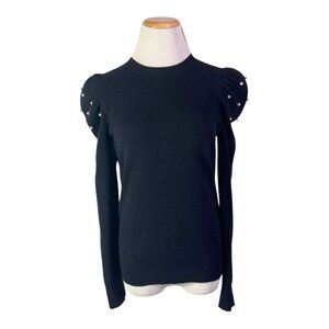 Aqua Cashmere Size S Black Sweater Puff Sleeve Faux Pearl Holiday